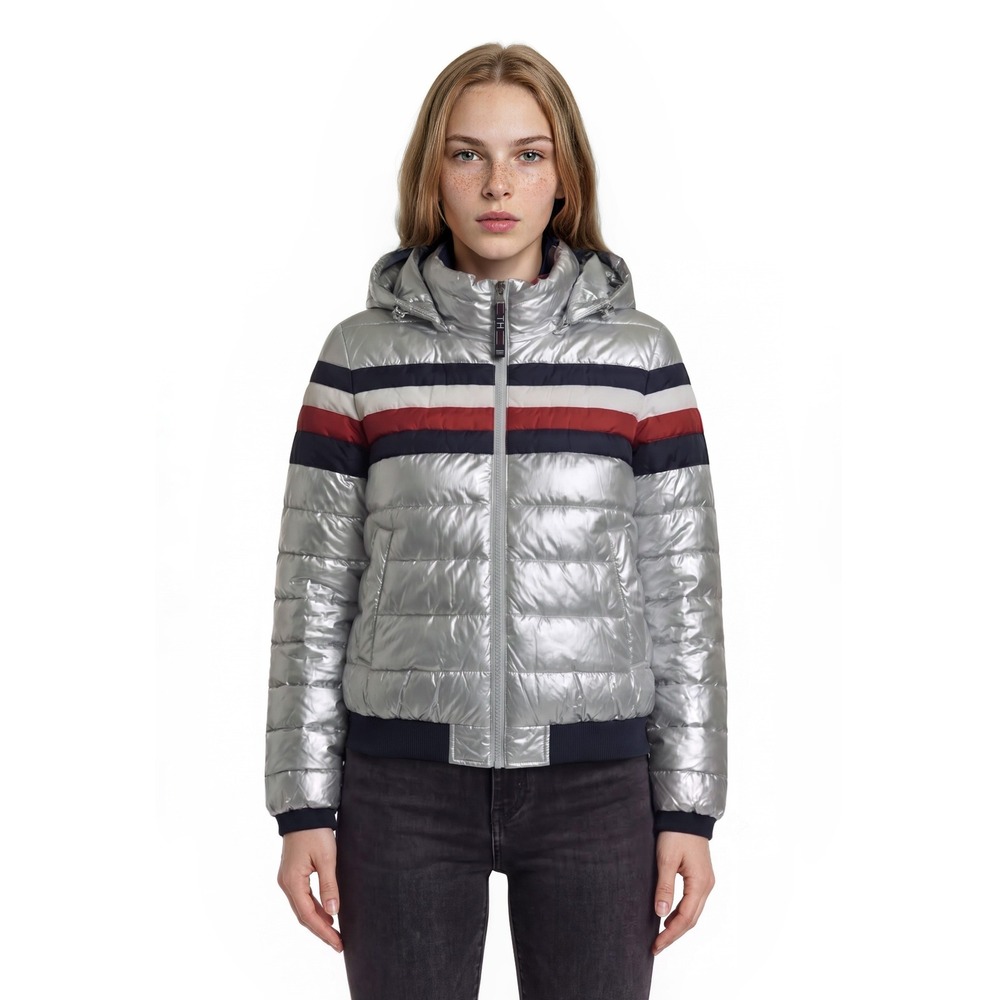 Tommy Hilfiger Puffer Jacket Coat Women's Size XL Silver Metallic Striped Hooded